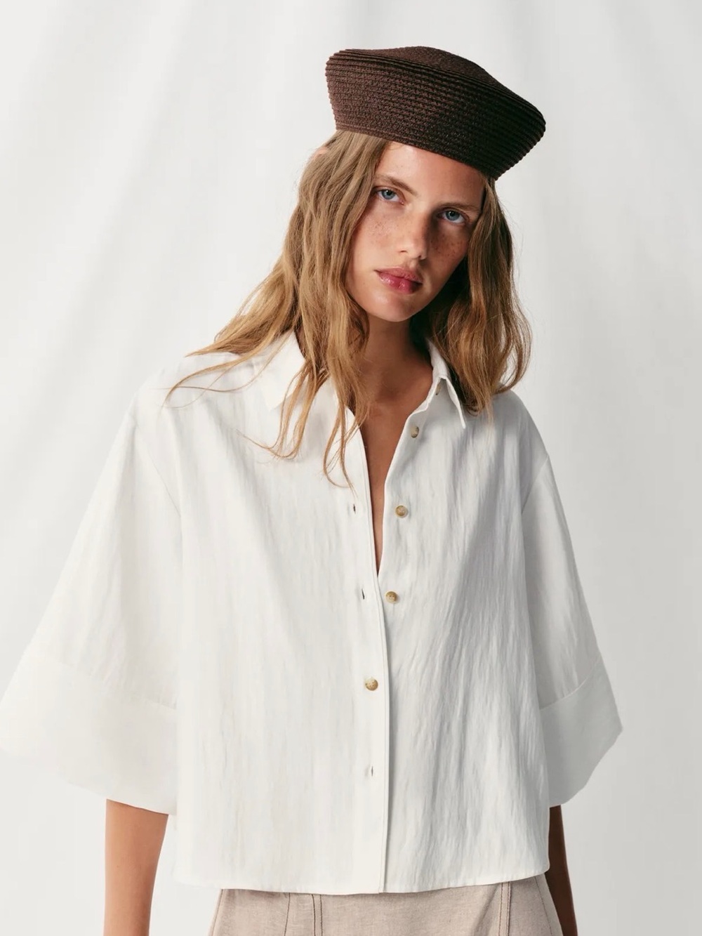 Zara NWT Cropped Wide Sleeve Shirt White Size L